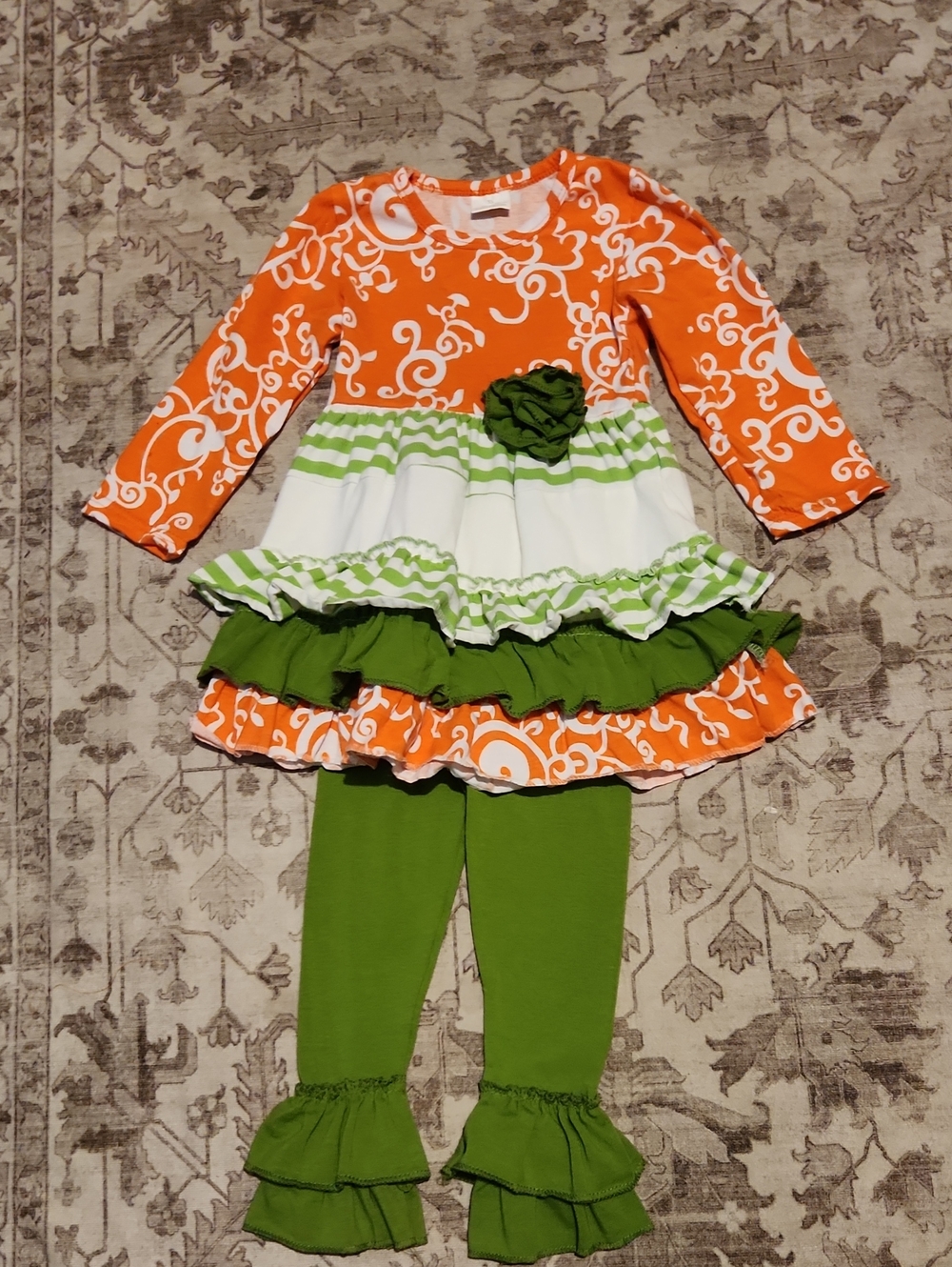Girls Orange & Green Ruffle Tunic Set - Brand